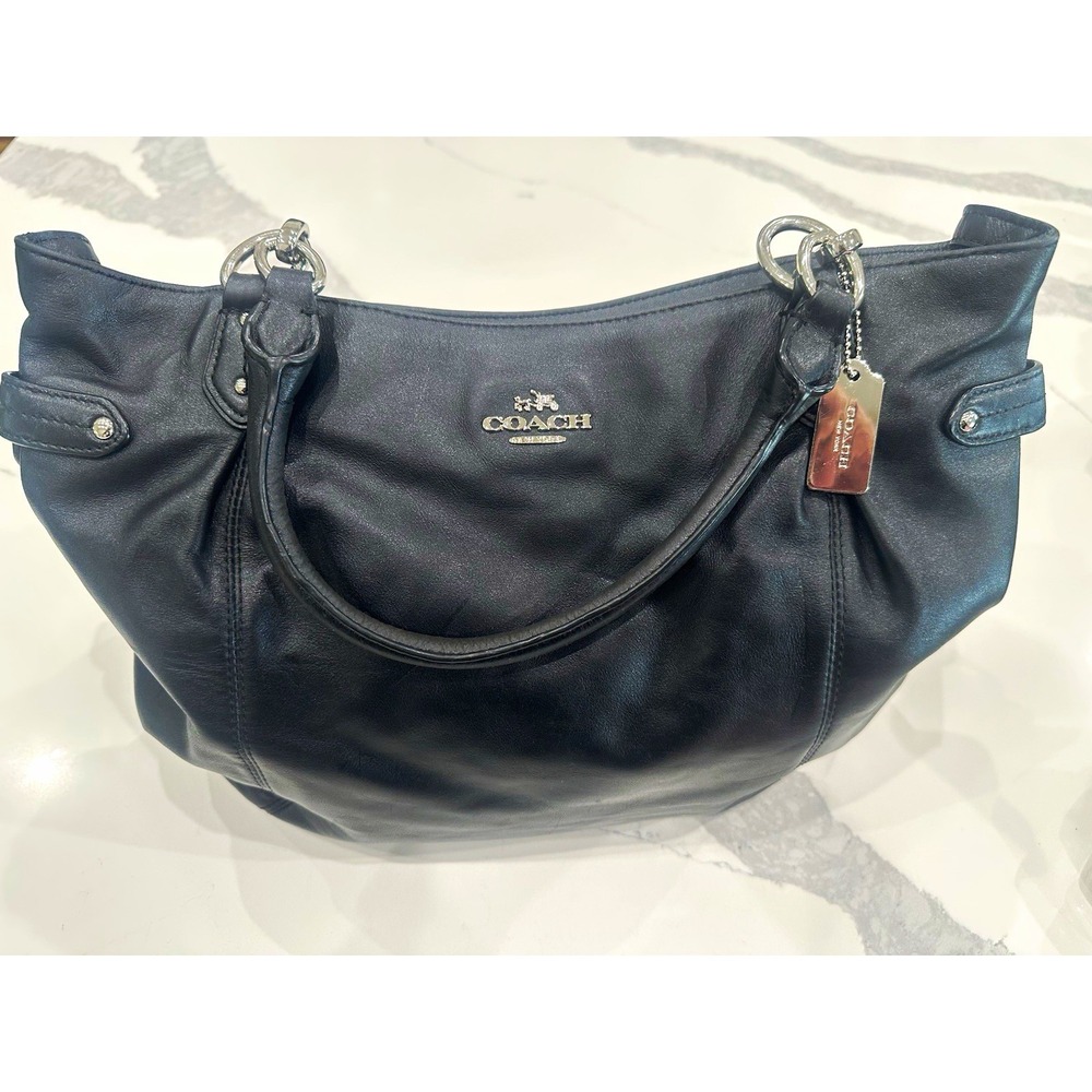 Coach Madison Black Leather Maggie Shoulder Tote Handbag Silver Hardware EUC